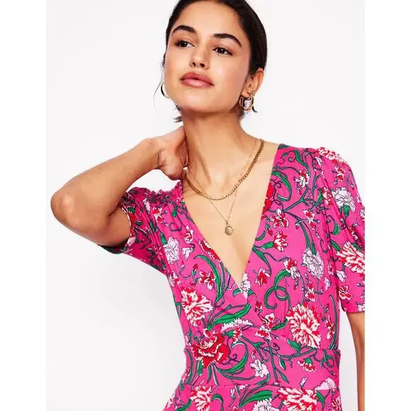 Boden Kristen Pleated Jersey Dress Pink Yarrow Carnation Vine Petite Size 6P NEW - Picture 2 of 10